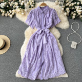 Women Turndown Collar Puff Sleeve Lace Hollow French Maxi Shirt Dress