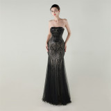 Women Strapless cross Lace-Up sequined tube flower sequined mesh evening dress Formal Party evening dress