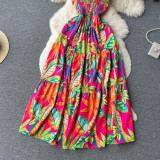 Holidays Dress Summer Strap Lace-Up Slim Waist Flared Print Dress