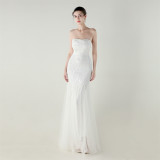 Women Strapless cross Lace-Up sequined tube flower sequined mesh evening dress Formal Party evening dress