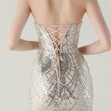Women Strapless cross Lace-Up sequined tube flower sequined mesh evening dress Formal Party evening dress