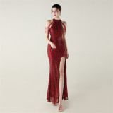 Women sequined sequined tube flower beaded sexy backless fishtail Formal Party evening dress