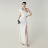Women one-shoulder sequined flower beaded fishtail evening dress