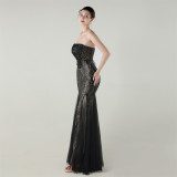 Women Strapless cross Lace-Up sequined tube flower sequined mesh evening dress Formal Party evening dress