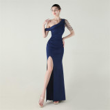 Women beaded one-shoulder satin fishtail pleated evening dress