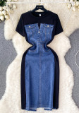 Round Neck Short Sleeve Patchwork Denim Dress Slim Waist Fake Two-Piece Long Dress