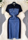 Round Neck Short Sleeve Patchwork Denim Dress Slim Waist Fake Two-Piece Long Dress