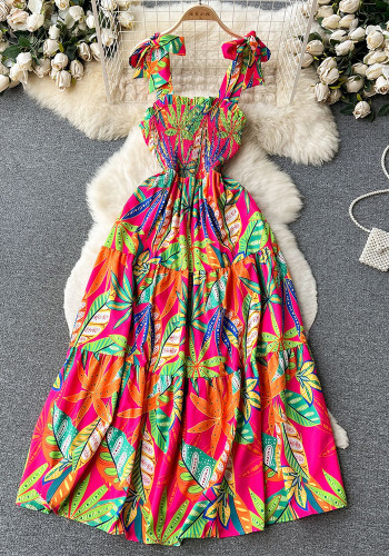 Holidays Dress Summer Strap Lace-Up Slim Waist Flared Print Dress