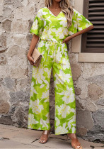 Women Elegant V-neck Short Sleeve Top and Long Pants Casual Two-piece Set