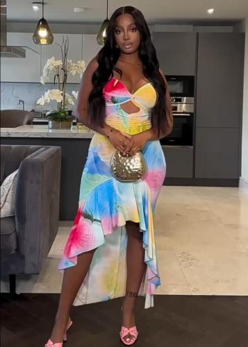 Summer Women's Strap V-Neck Fashion Print Slim Ruffle Slim Long Dress