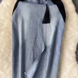 Women Retro Embroidery Slit Bodycon Denim Dress