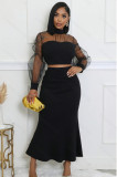 Women Elegant Mesh Patchwork Top And Long Skirt Two-piece Set