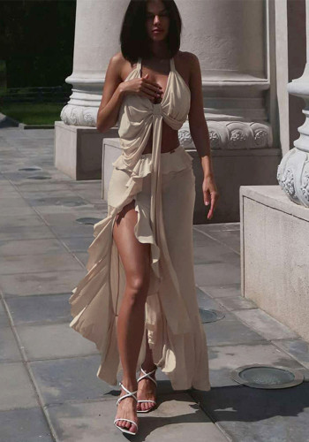Women Summer Sexy Solid Halter Neck Lace-Up Tank Top and Split Skirt Two-piece Set