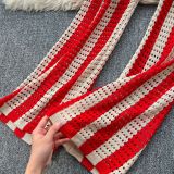 Women's Summer V-Neck Loose Knit Cardigan Top + Wide-Leg Pants Set Color-Block Striped Hollow-Out Outfit
