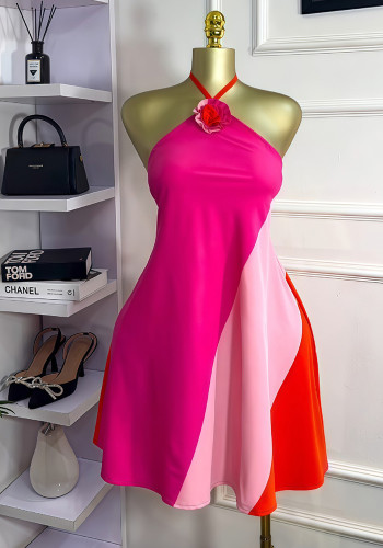 Women Summer Colorblock Floral Sleeveless Halter Neck Backless Lace-Up Dress