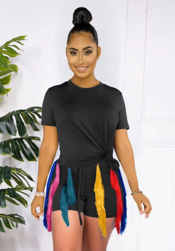 Women short-sleeved tassel top and shorts two-piece set