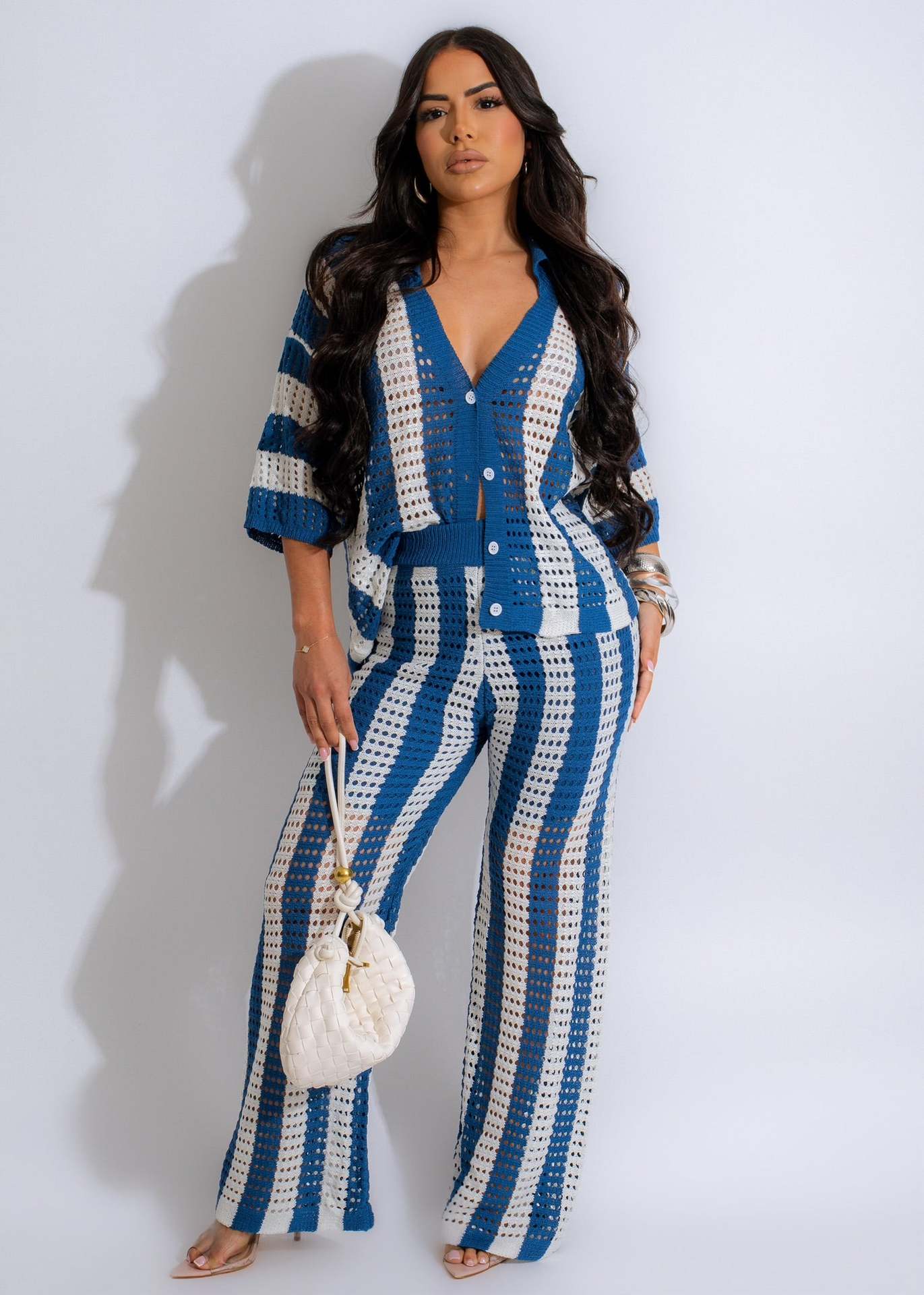 Women's Summer V-Neck Loose Knit Cardigan Top + Wide-Leg Pants Set Color-Block Striped Hollow-Out Outfit