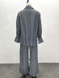 Women's Fashion Striped Button Bell Sleeve Shirt Wide Leg Pants African Casual Set