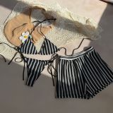 Women sexy lace stripe three-piece swimwear