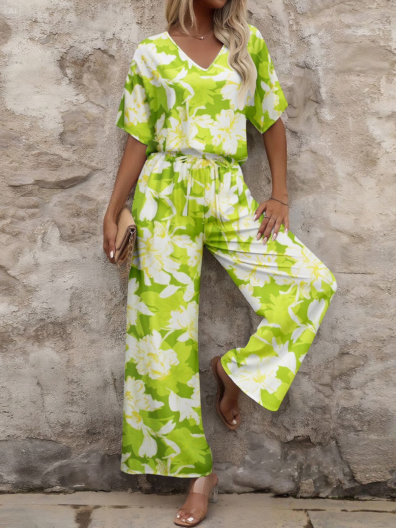 Women Elegant V-neck Short Sleeve Top and Long Pants Casual Two-piece Set