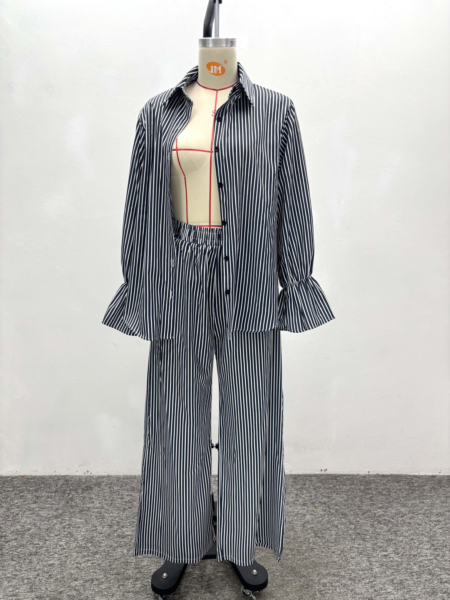 Women's Fashion Striped Button Bell Sleeve Shirt Wide Leg Pants African Casual Set