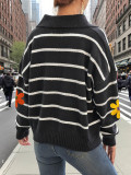 Women striped embroidered flower Patchwork Polo neck sweater