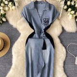 Women Retro Embroidery Slit Bodycon Denim Dress