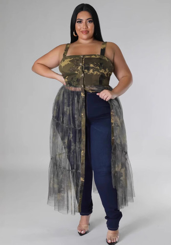 Women Suspender Camouflage Button Mesh Patchwork Dress