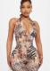 Women Summer V Neck Contrast Halter Neck Lace-Up Backless Leopard Print Jumpsuit