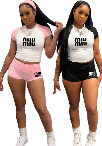 Women street raglan contrast short-sleeved top and shorts casual sports set