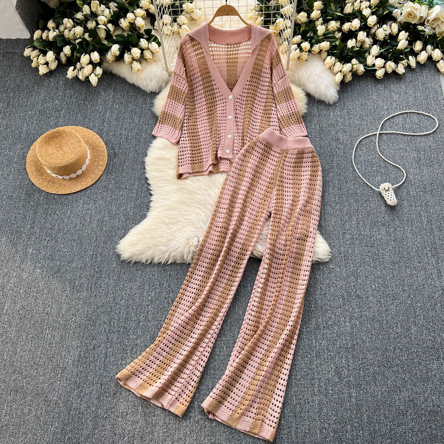 Women's Summer V-Neck Loose Knit Cardigan Top + Wide-Leg Pants Set Color-Block Striped Hollow-Out Outfit
