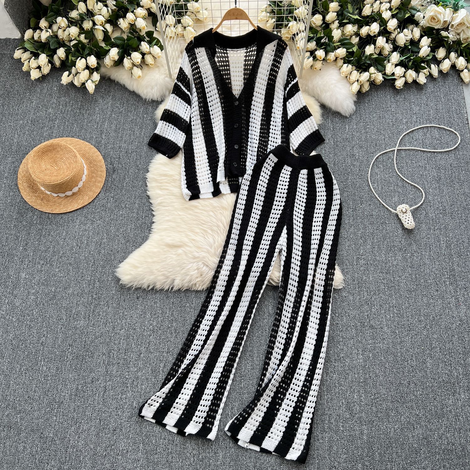 Women's Summer V-Neck Loose Knit Cardigan Top + Wide-Leg Pants Set Color-Block Striped Hollow-Out Outfit
