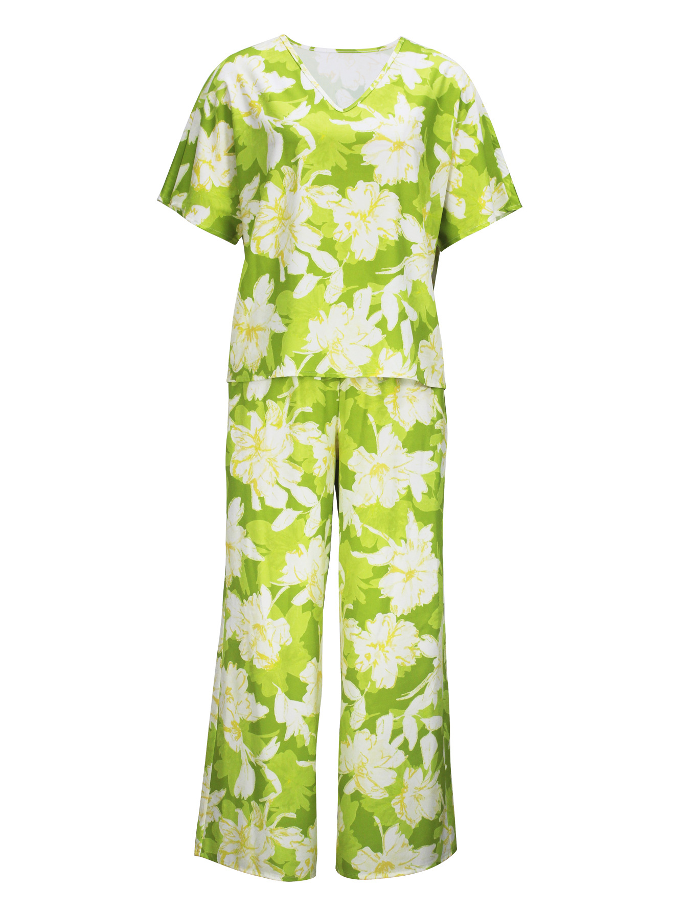 Women Elegant V-neck Short Sleeve Top and Long Pants Casual Two-piece Set