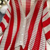 Women's Summer V-Neck Loose Knit Cardigan Top + Wide-Leg Pants Set Color-Block Striped Hollow-Out Outfit