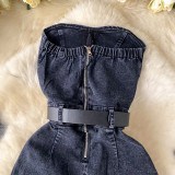 Women Denim Beaded Sleeveless Strapless Jumpsuit