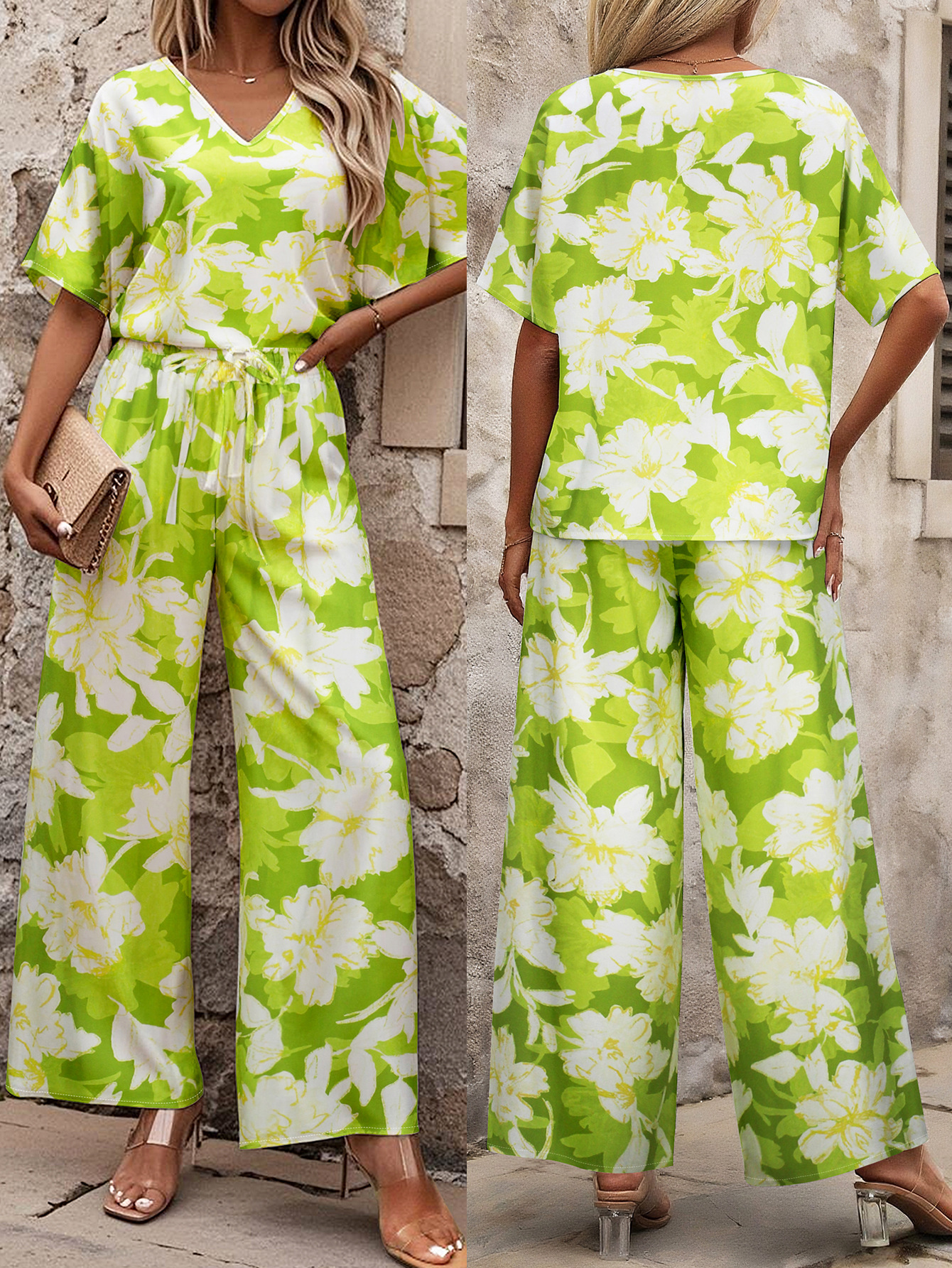 Women Elegant V-neck Short Sleeve Top and Long Pants Casual Two-piece Set