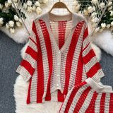 Women's Summer V-Neck Loose Knit Cardigan Top + Wide-Leg Pants Set Color-Block Striped Hollow-Out Outfit