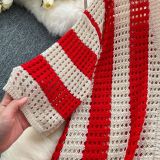 Women's Summer V-Neck Loose Knit Cardigan Top + Wide-Leg Pants Set Color-Block Striped Hollow-Out Outfit