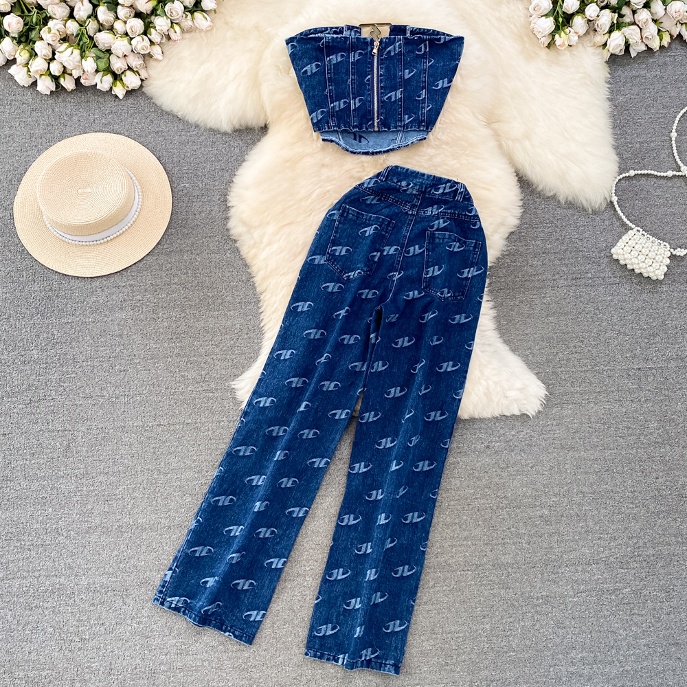 Women American Retro Strapless Denim Top and Pants Two-piece Set