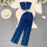 Women American Retro Strapless Denim Top and Pants Two-piece Set