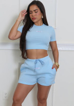 Women Round Neck Short Sleeve Top and Shorts Sports Two-piece Set
