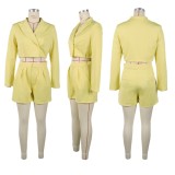 Women elegant Career Turndown Collar Long Sleeve Blazer and Shorts Two-piece Set