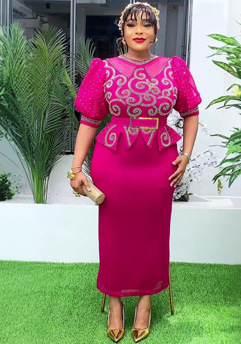 Plus Size African Women Beaded Puff Sleeve Bodycon Dress
