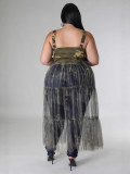 Women Suspender Camouflage Button Mesh Patchwork Dress