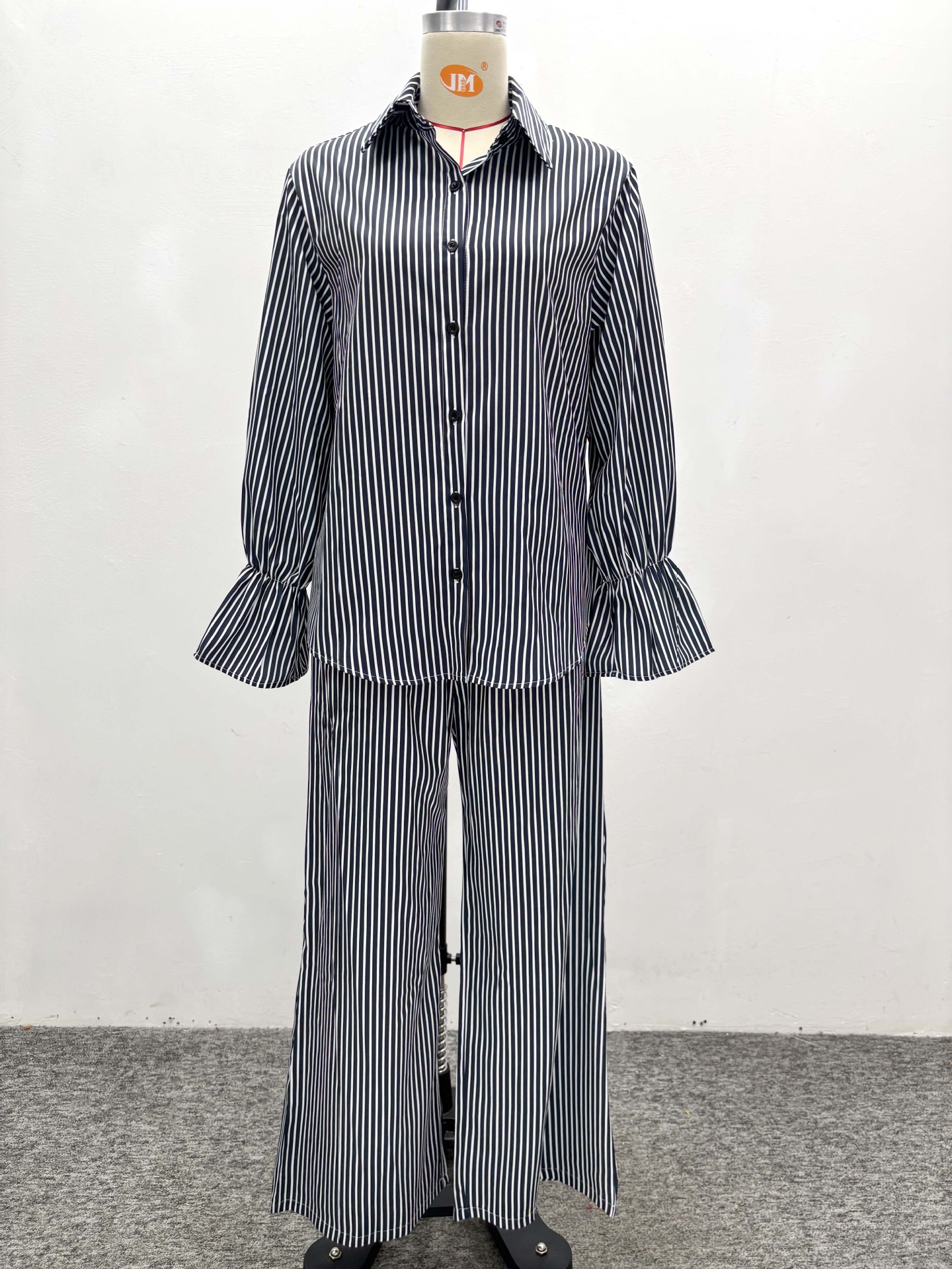 Women's Fashion Striped Button Bell Sleeve Shirt Wide Leg Pants African Casual Set