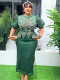 Plus Size African Women Beaded Puff Sleeve Bodycon Dress