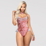Sexy Print Halter Neck Hollow-Out Sleeveless Bodysuit with Necklace 2-Piece Set