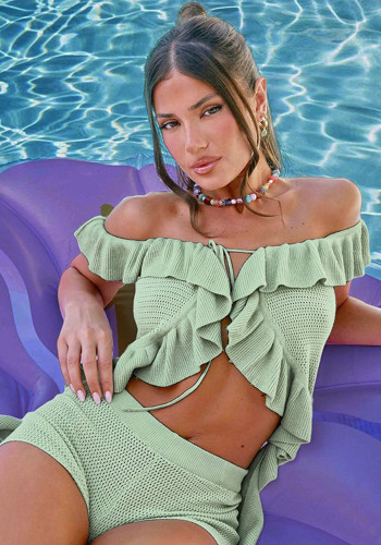 Women Summer Sexy Off Shoulder Lace-up Crop Top Shorts Two-piece Set