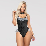 Sexy Print Halter Neck Hollow-Out Sleeveless Bodysuit with Necklace 2-Piece Set