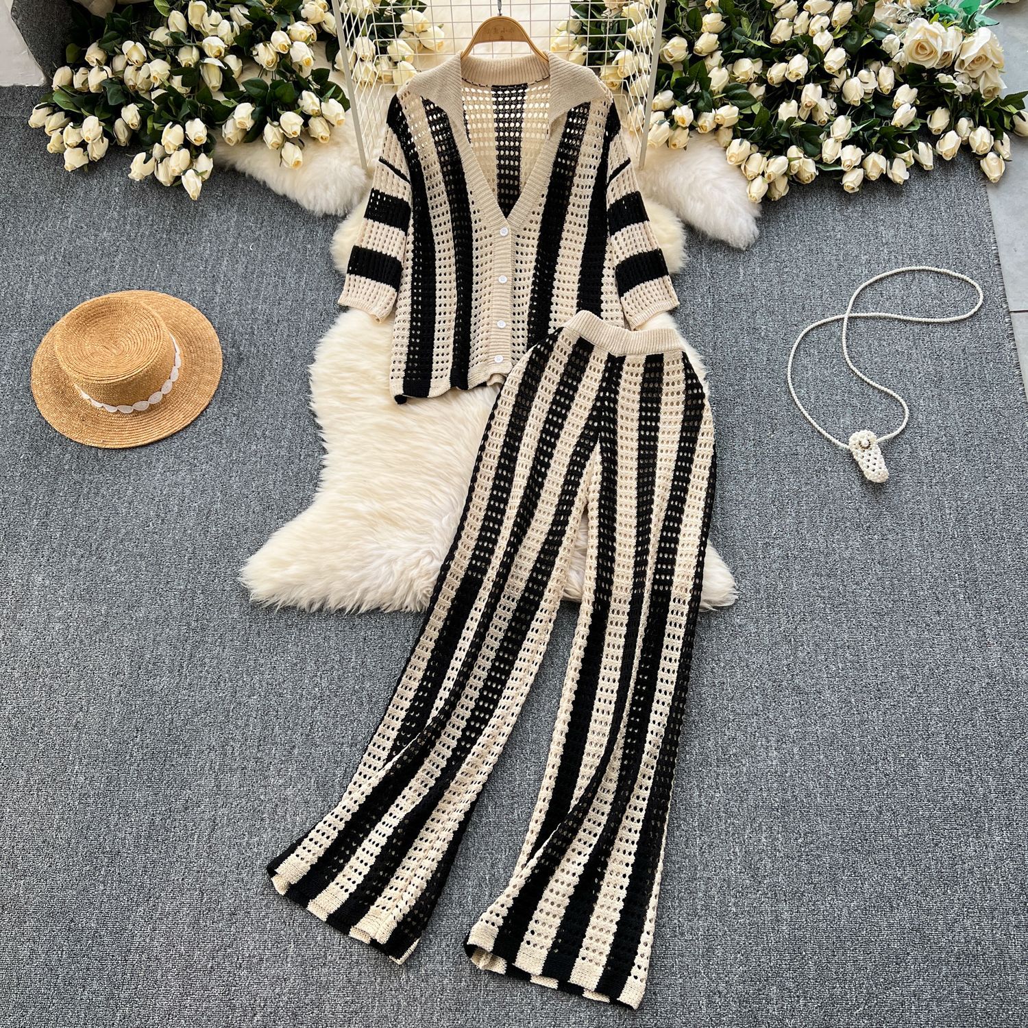 Women's Summer V-Neck Loose Knit Cardigan Top + Wide-Leg Pants Set Color-Block Striped Hollow-Out Outfit